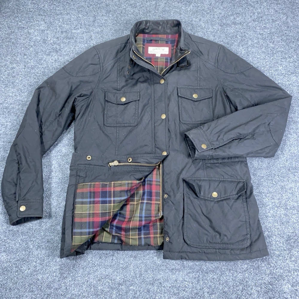 Orvis Barn Coat Womens Sz L Black Chore Jacket Flannel Lined Leather Collar 2MPO